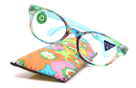 Versailles, (Premium) Reading Glasses High End Readers +1.25 .. +3.00 (Light Blue, Orange Floral) Round Optical Frames. NY Fifth Avenue. by NY Fifth Avenue