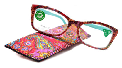 Frida, (Premium) Reading Glasses, High End Readers +1.25 ..+3 magnifying Eyeglasses, Square Optical Frame (Fuchsia) Paisley. NY Fifth Avenue by NY Fifth Avenue