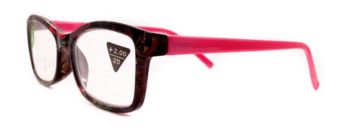 Frida, (Premium) Reading Glasses, High End Readers +1.25 .. +3 Magnifying Eyeglasses, Square Optical Frame. (Pink) Paisley. NY Fifth Avenue by NY Fifth Avenue