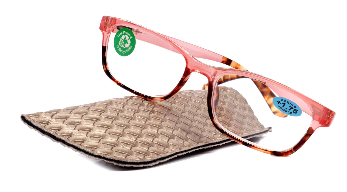 Desiree, (Premium) Reading Glasses, High End Reader +1.25..+3 Magnifying Square Style (Pink Tortoise Brown) Optical Frame. NY Fifth Avenue by NY Fifth Avenue