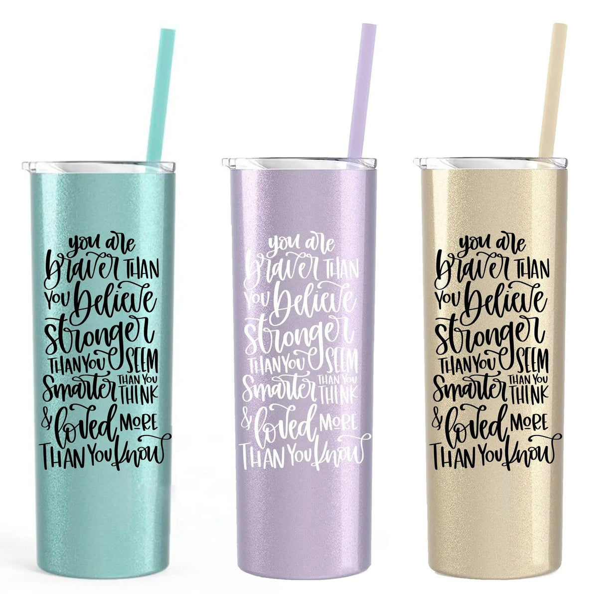 Inspirational Water Bottle, Encouragement Gift, Glitter Skinny Tumbler, Brave Strong Smart Loved Travel Cup by Joyful Moose