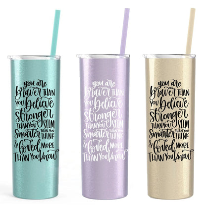 Inspirational Water Bottle, Encouragement Gift, Glitter Skinny Tumbler, Brave Strong Smart Loved Travel Cup by Joyful Moose