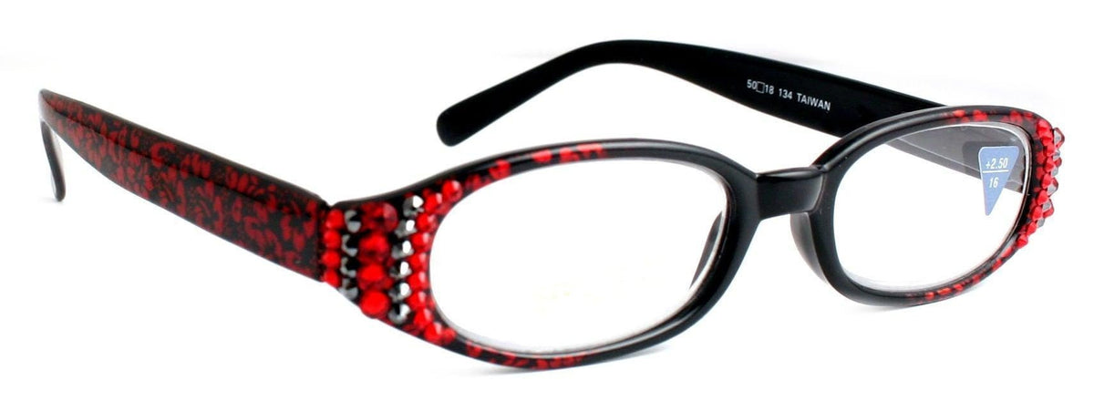 Isabella, (Bling) Reading Glasses Women W (L. Siam, Hematite) Genuine European Crystals (Red Floral Print) NY Fifth Avenue (Wide Frame) by NY Fifth Avenue