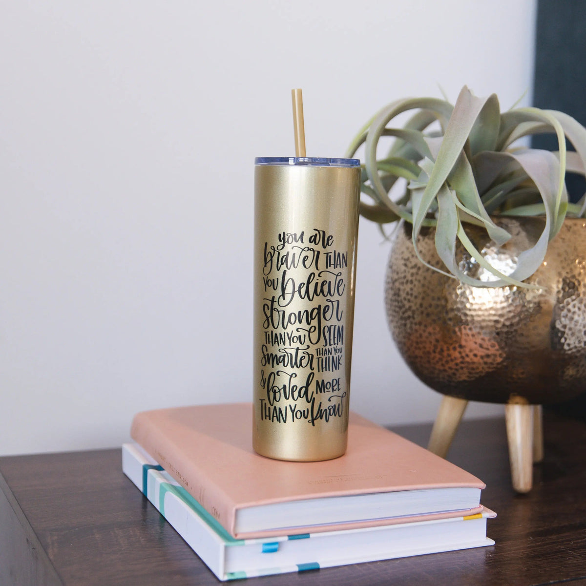 Inspirational Water Bottle, Encouragement Gift, Glitter Skinny Tumbler, Brave Strong Smart Loved Travel Cup by Joyful Moose