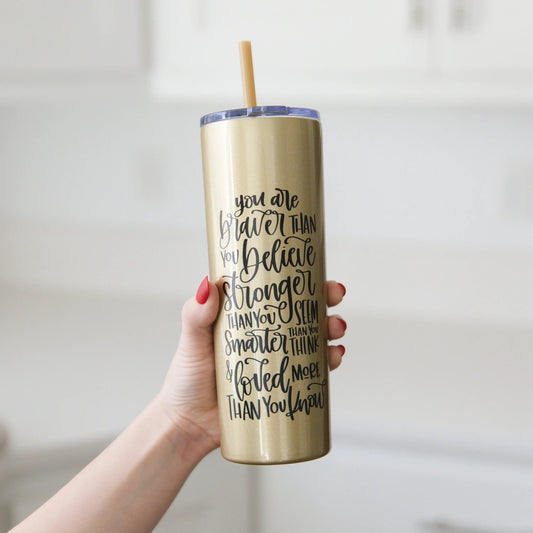 Inspirational Water Bottle, Encouragement Gift, Glitter Skinny Tumbler, Brave Strong Smart Loved Travel Cup by Joyful Moose