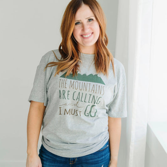 Hiking Tshirt, The Mountains are Calling and I must Go Shirt, camping shirt, graphic tshirt by Joyful Moose