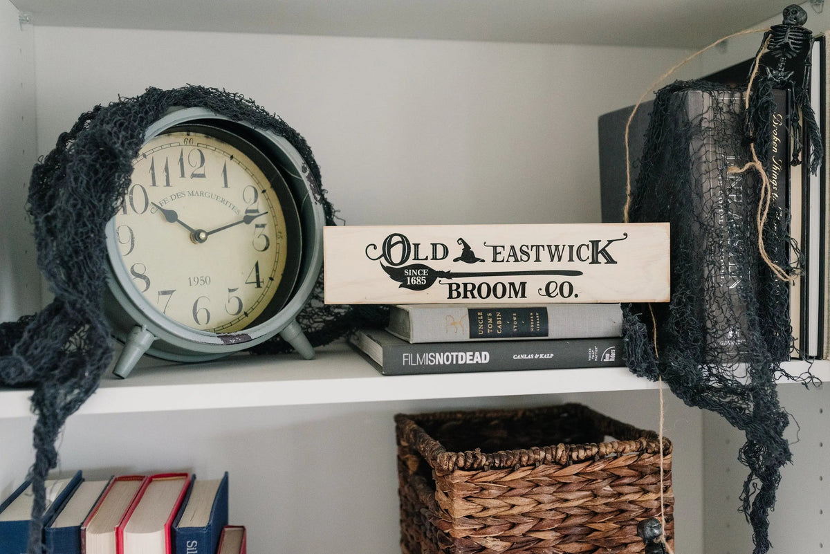 Halloween Signs | Halloween Tiered Tray Decor | Halloween Decor Wood Block | Wood Framed Miniature Sign | Old Eastwick Broom Co. Wood Sign by Joyful Moose