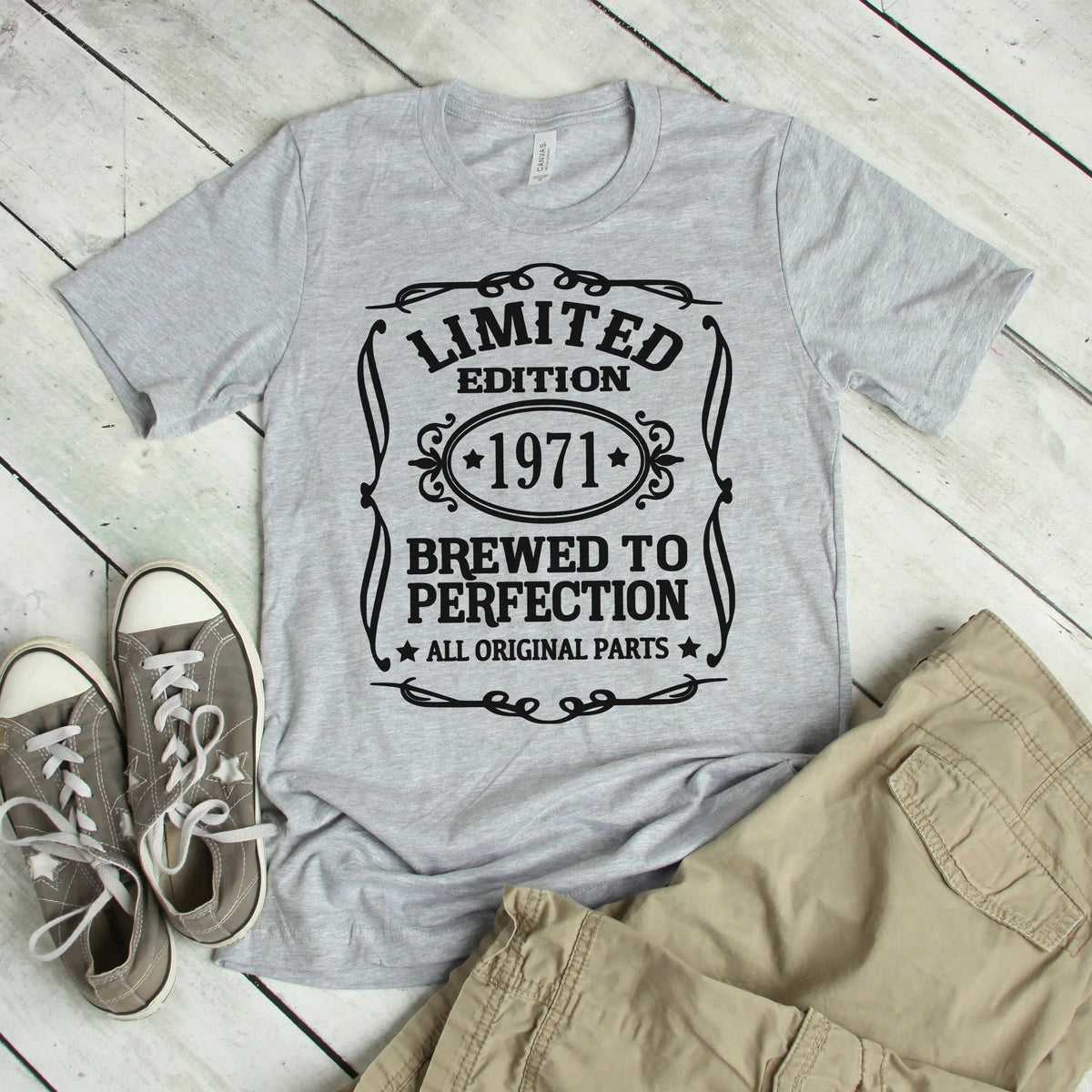 Mens Graphic Tee, Limited Edition Birth Year Gray T-shirt for Men, 50th Birthday Gift for him, husband birthday gift by Joyful Moose