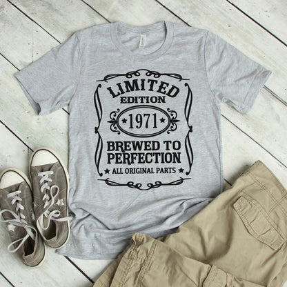Mens Graphic Tee, Limited Edition Birth Year Gray T-shirt for Men, 50th Birthday Gift for him, husband birthday gift by Joyful Moose