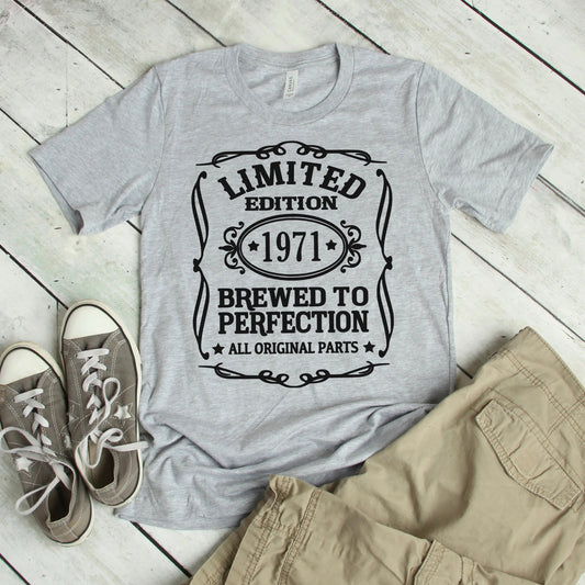Mens Graphic Tee, Limited Edition Birth Year Gray T-shirt for Men, 50th Birthday Gift for him, husband birthday gift by Joyful Moose