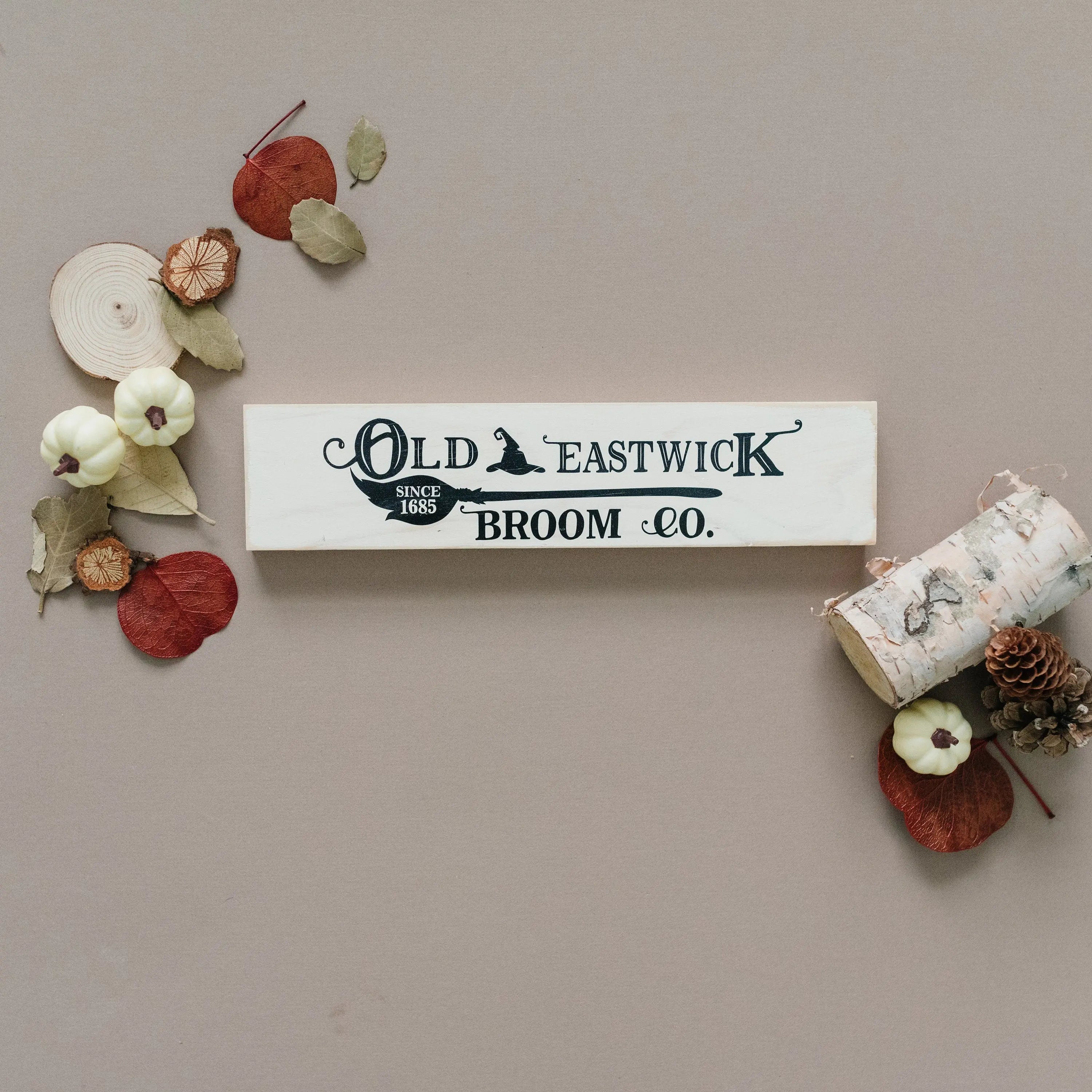 Halloween Signs | Halloween Tiered Tray Decor | Halloween Decor Wood Block | Wood Framed Miniature Sign | Old Eastwick Broom Co. Wood Sign by Joyful Moose