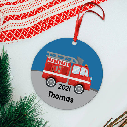 Boy Ornament - Personalized Fire Truck Christmas Ornament - Personalized Kids Gift, Fire Truck Gift for Boys by Joyful Moose