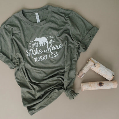 Hike More, Worry Less T-shirt, Hiking Gift, Adventure, Travel, Outdoors Shirt, Camping Tshirt by Joyful Moose