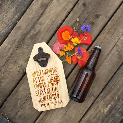 RV Camper Bottle Opener Wood Sign - What happens at the camper stays at the camper by Joyful Moose