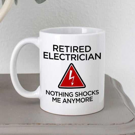 Retired Electrician Mug - Funny Ceramic Coffee Cup for Retirement Party Gift by Joyful Moose