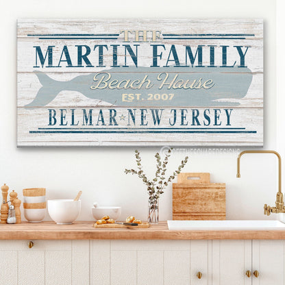Beach House Family Name Whale Sign | Personalized Beach House Canvas Wall Decor by Off The Square Designs