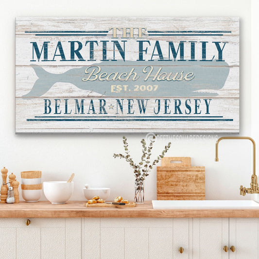 Beach House Family Name Whale Sign | Personalized Beach House Canvas Wall Decor by Off The Square Designs