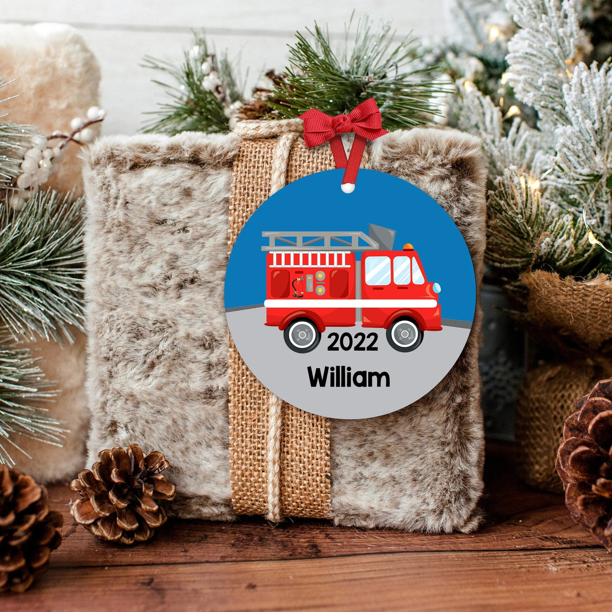 Boy Ornament - Personalized Fire Truck Christmas Ornament - Personalized Kids Gift, Fire Truck Gift for Boys by Joyful Moose