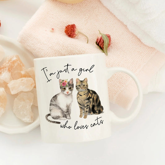 Cat Mug, Just a Girl who Loves Cats Coffee Mug, Cat gifts, Cat Coffee Mug, Floral Cat gifts for women, Gifts for Cat Lover, Stocking Stuffer by Joyful Moose