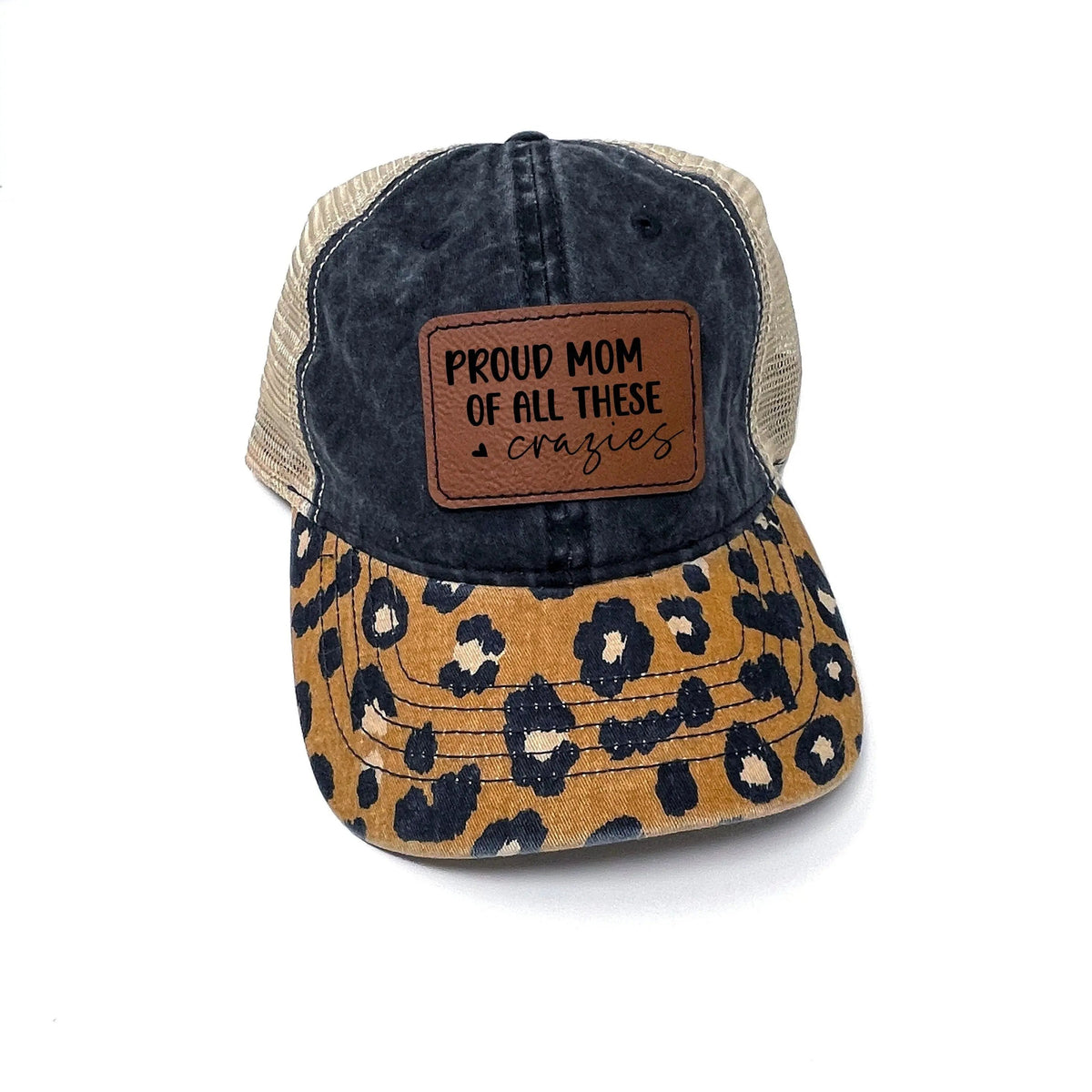 Mom Hat - leather patch hat - Leopard Pattern trucker baseball cap - ponytail hats for women - Gift for Mom - mama hat by Joyful Moose