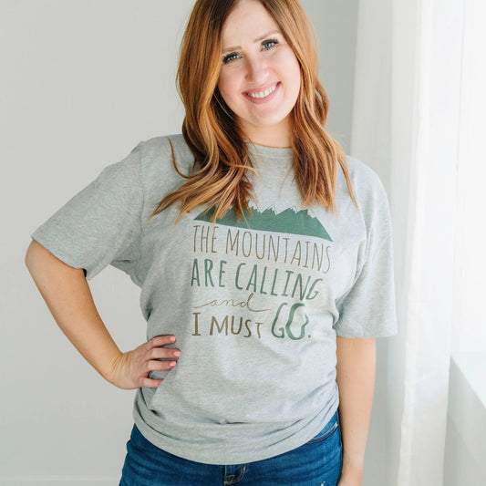 Hiking Tshirt, The Mountains are Calling and I must Go Shirt, camping shirt, graphic tshirt by Joyful Moose