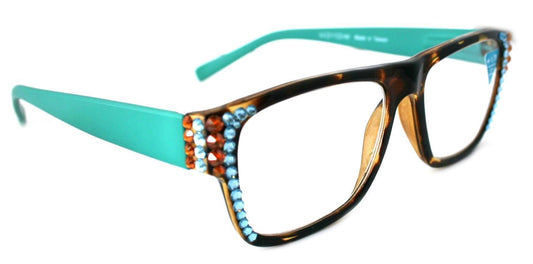 Brooklyn, (Bling) Reading Glasses for Women W (Aquamarine, Cooper) Genuine European Crystals.+1.25..+3Tortoise Brown Square. NY Fifth Avenue by NY Fifth Avenue