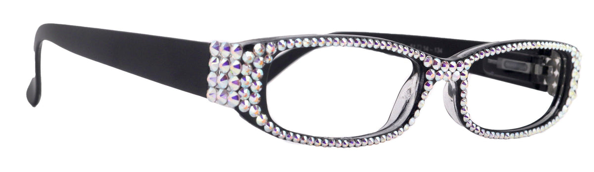 Elise, Bling Reading Glasses For Women W (AB)Genuine European Crystals rectangular (Black) +1.25 ..+3, Full Top NY Fifth Avenue. by NY Fifth Avenue