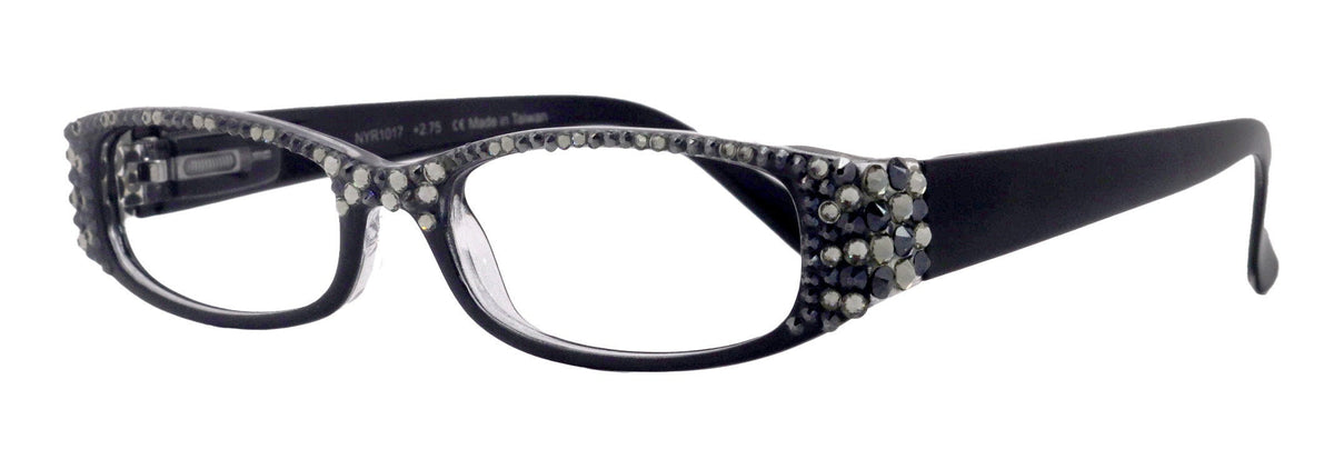 Elise, Bling Reading Glasses For Women W Full Top (B)Genuine European Crystals rectangular (Black) +1.25 ..+3, NY Fifth Avenue. by NY Fifth Avenue