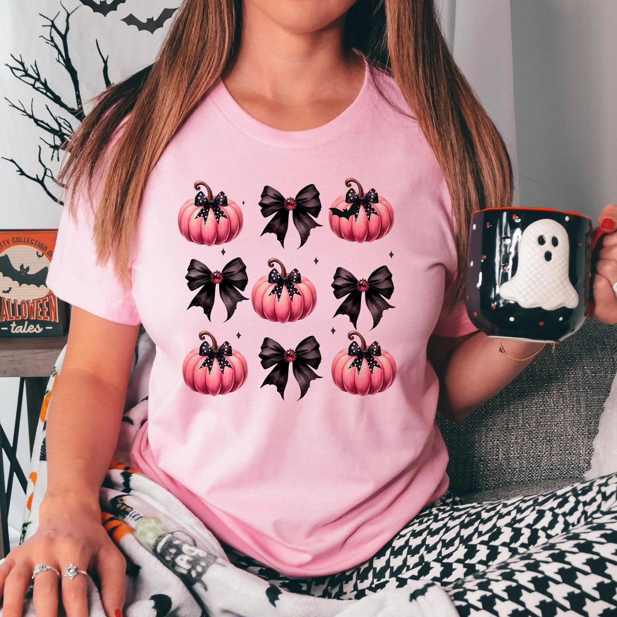 Coquette Halloween Shirt for her - Pink Pumpkins Black Bows - Pink Halloween Tshirt - Fall Shirt by Joyful Moose
