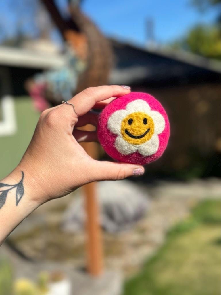 Organic wool dryer balls in Bright Pink Bloom design