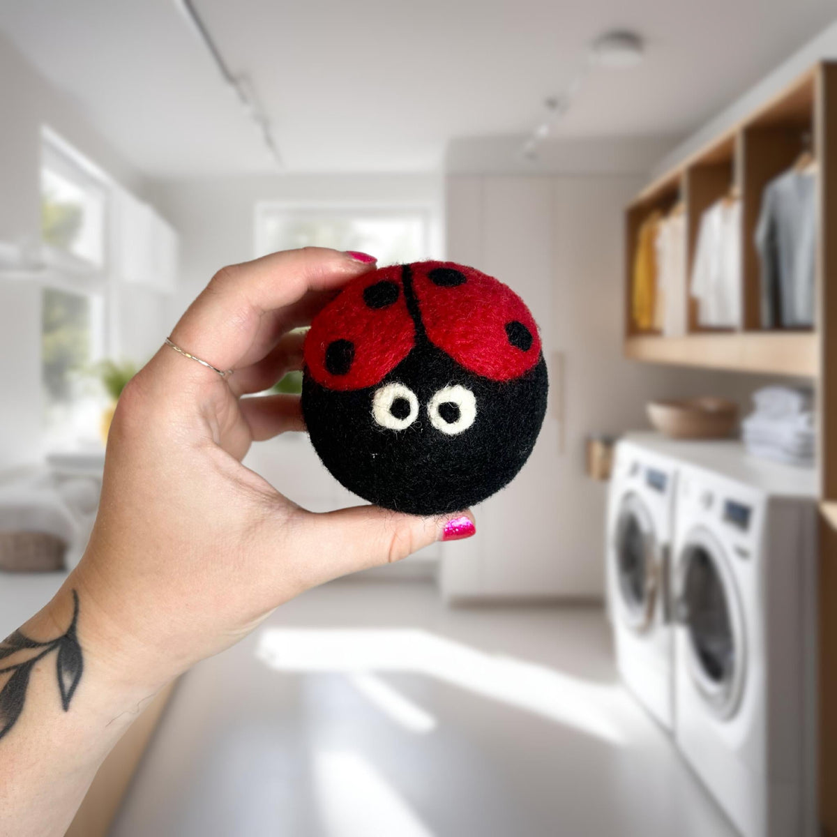 Organic wool dryer balls in Lovely Ladybug design