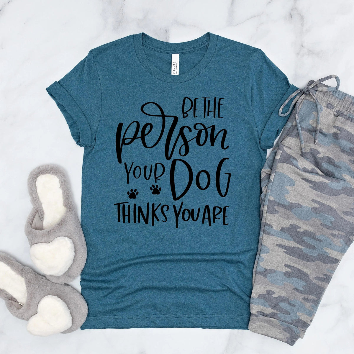 Dog Tshirt Be the person your dog thinks you are Bella Canvas Graphic Tee, Funny Dog shirts for women by Joyful Moose