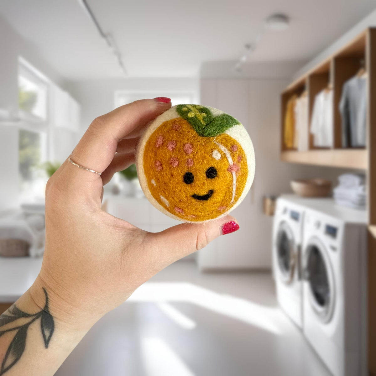 Organic wool dryer balls in Peachy design