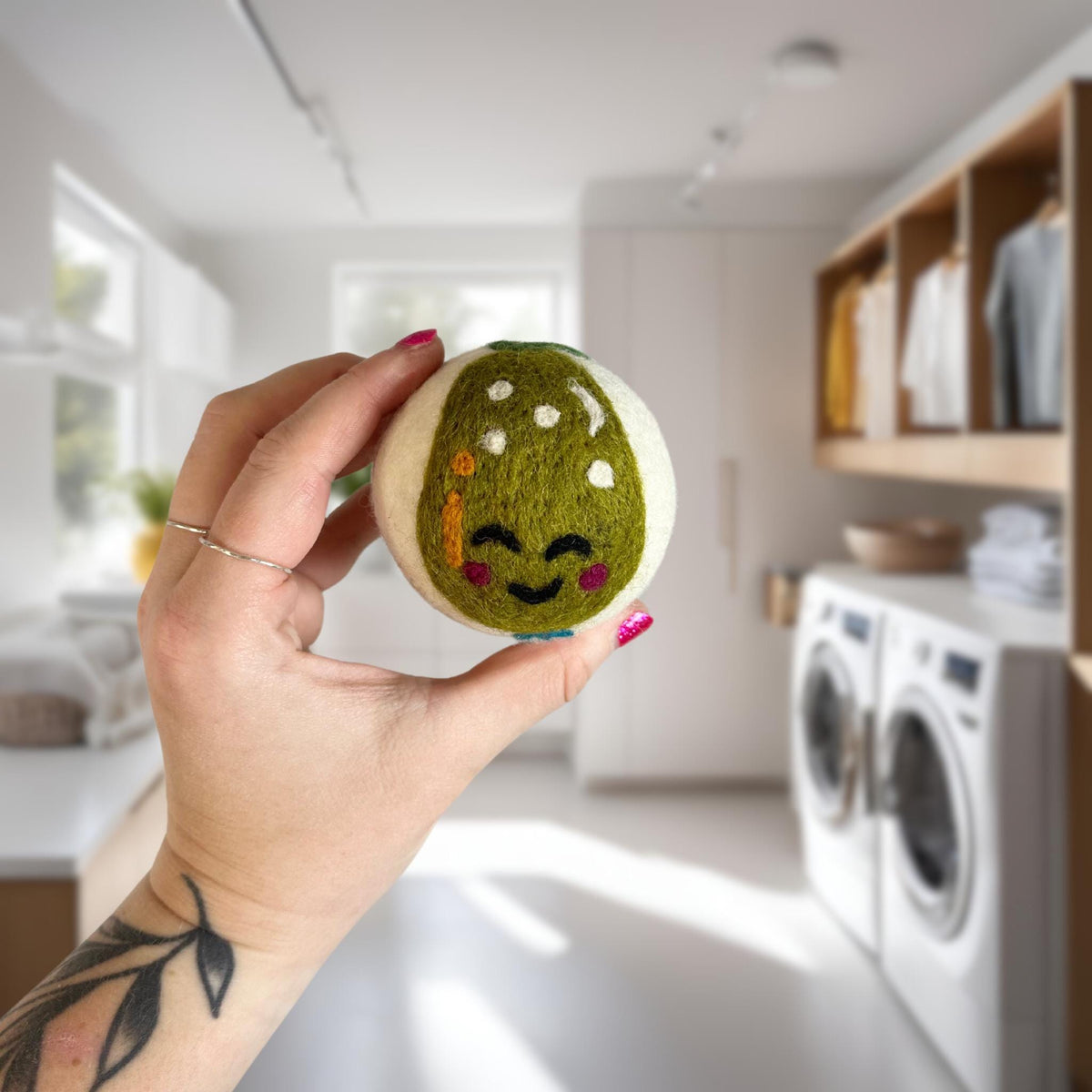 Organic wool dryer balls in Peary Cute design
