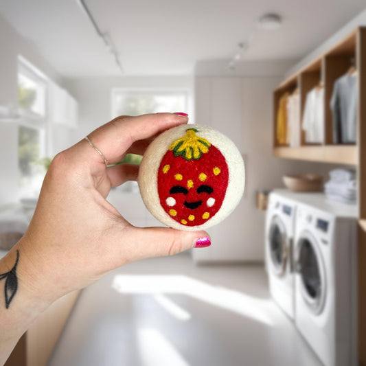 Organic wool dryer balls in Sweet Strawberry design