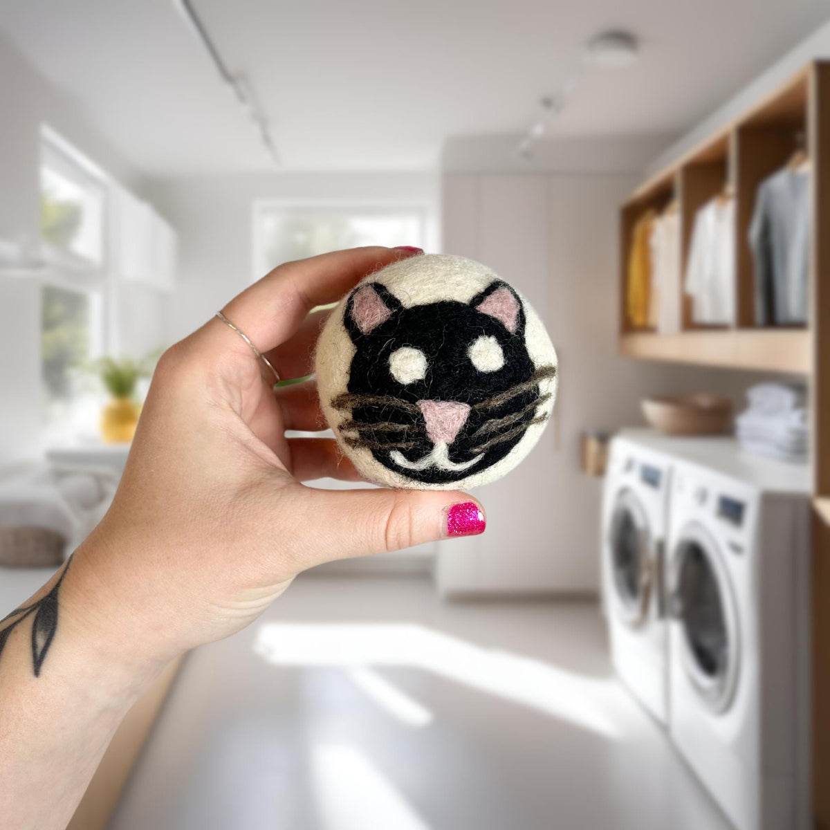Organic wool dryer balls in Black Cat design