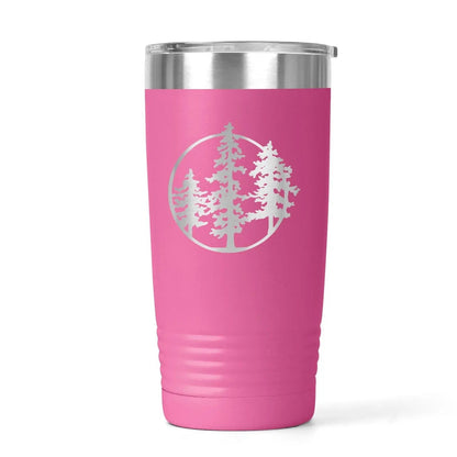 20 oz insulated hiking tumbler with laser-engraved pine tree design by Joyful Moose, view 3