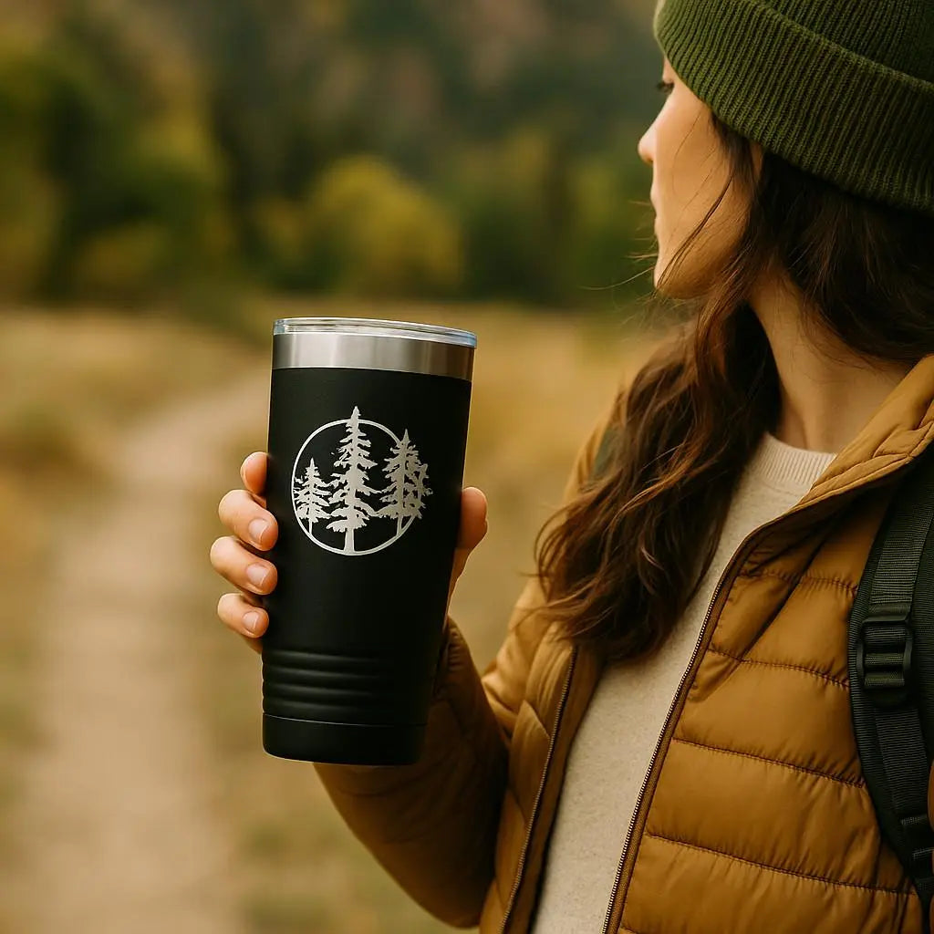 20 oz insulated hiking tumbler with laser-engraved pine tree design by Joyful Moose, view 2