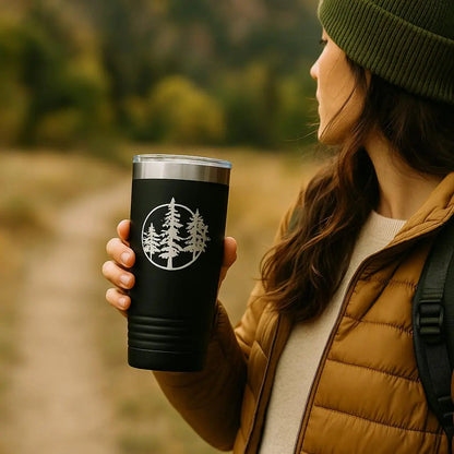 20 oz insulated hiking tumbler with laser-engraved pine tree design by Joyful Moose, view 2