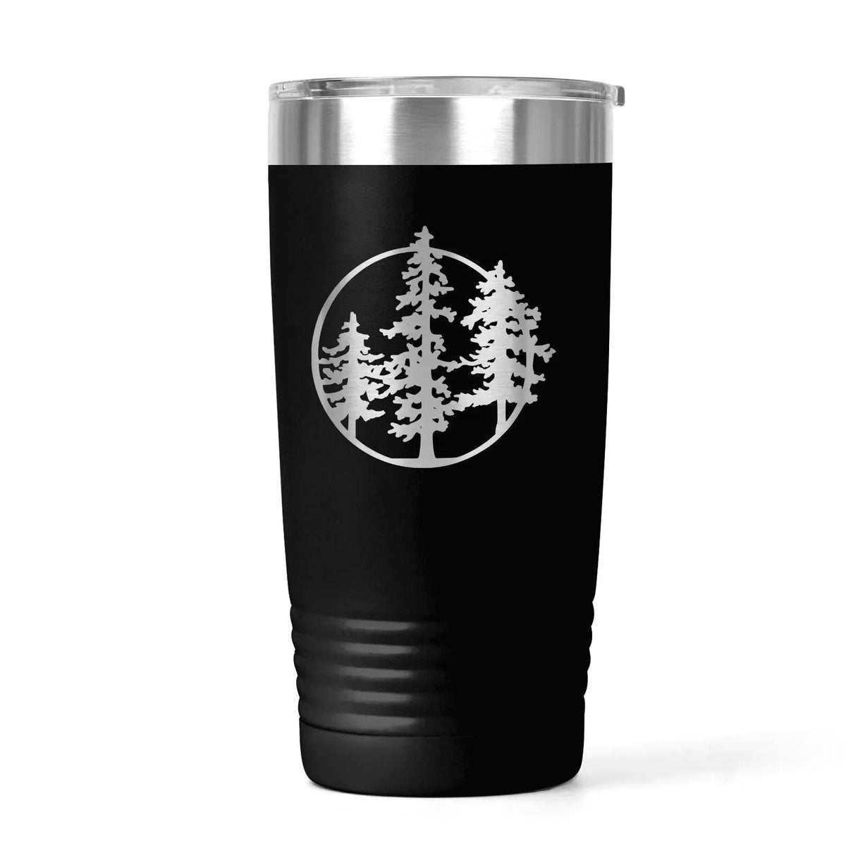 20 oz insulated hiking tumbler with laser-engraved pine tree design by Joyful Moose, view 4