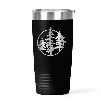 20 oz insulated hiking tumbler with laser-engraved pine tree design by Joyful Moose, view 4