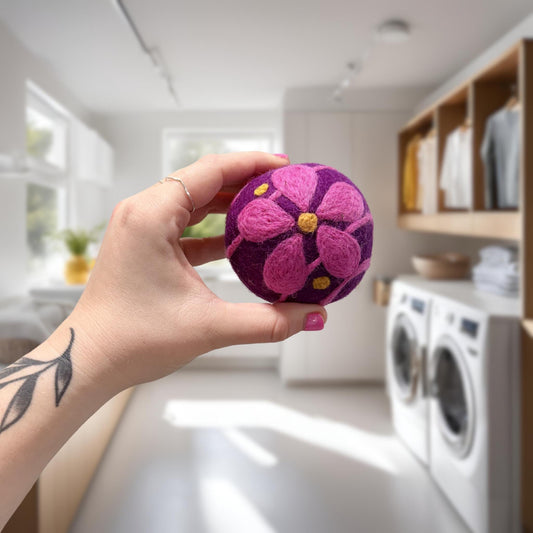 Organic wool dryer balls in Purple Daisy Wrap design