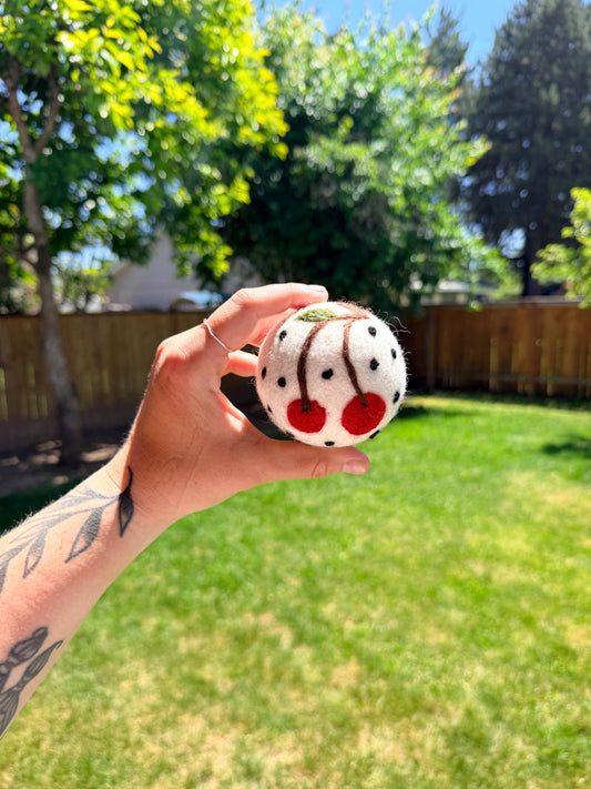 Organic wool dryer balls in Cutie Cherries design