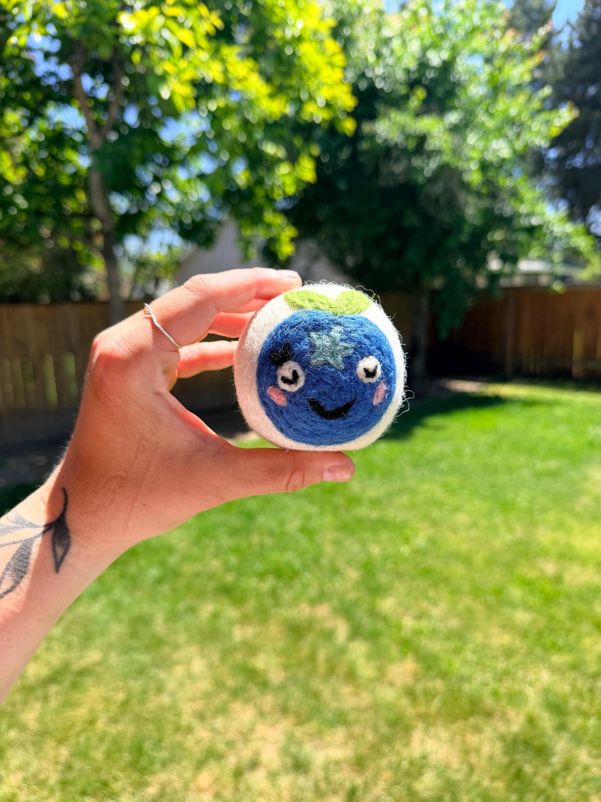 Organic wool dryer balls in Blueberry Buddy design