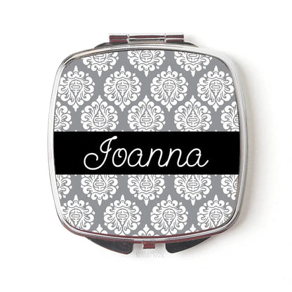 Bridesmaid Gifts Personalized Compact Mirror, Personalized Bridesmaids Gifts, Gray Damask Compact Mirrors, custom bridesmaid gifts thank you by Joyful Moose