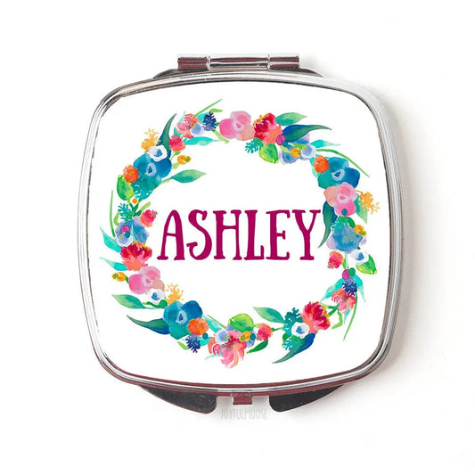 personalized bridesmaid gift, Personalized Floral Watercolor Wreath Compact Purse Mirror, Pocket Mirror for Bridal Party by Joyful Moose
