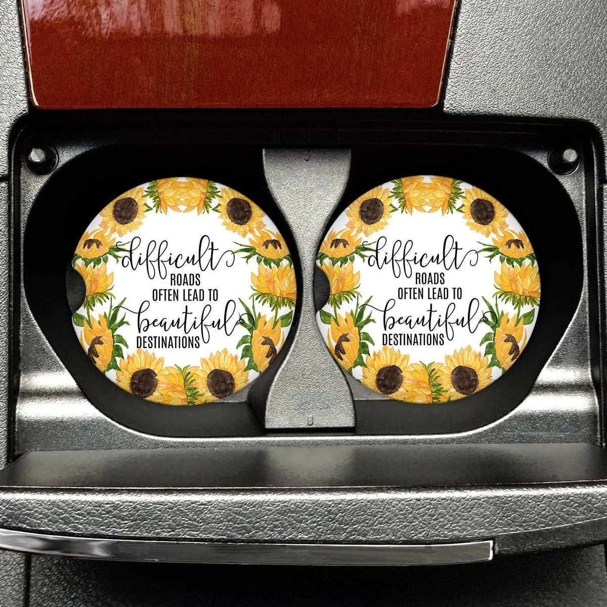 Inspirational Sunflower Car Coasters - Sandstone Car Coaster Set of 2, Travel Gift, New Car Gift, Inspirational Gift for friend by Joyful Moose