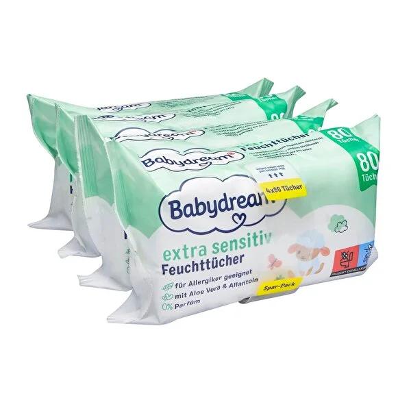 Babydream Aloe Vera Baby Wipes for Sensitive Skin: Gentle, Hypoallergenic & Fragrance-Free - 4x80 Pack by Beauty Care Bag