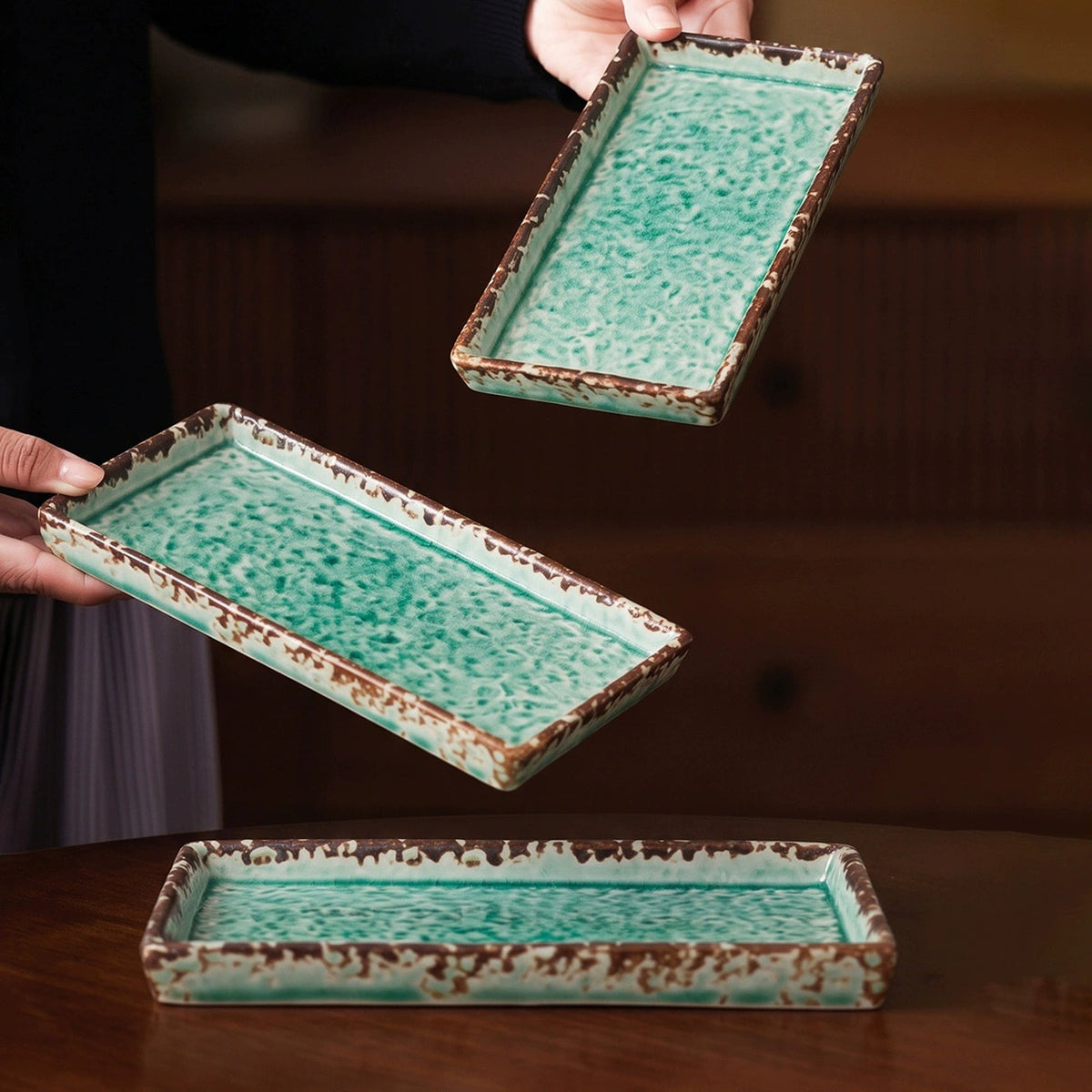 Emerald Crackle Rectangular Ceramic Platter – Hammered Textured by Goseung