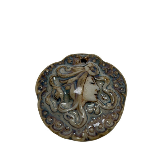 Rare Ceramic Lady Profile Pendant - Art Nouveau Style 38mm Focal Charm by Continental Bead Suppliers